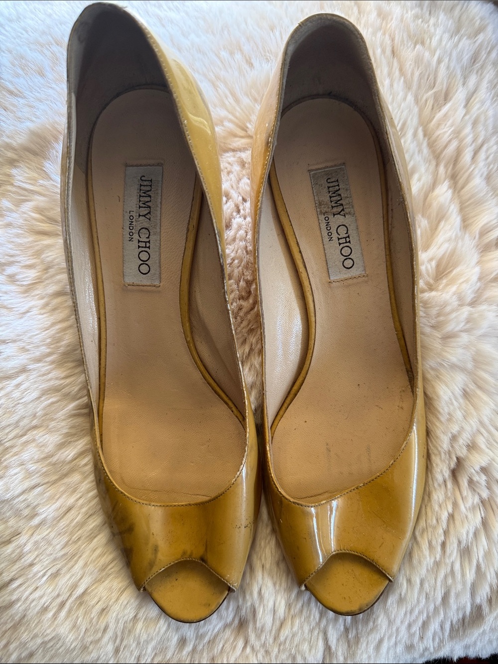 Jimmy Choo Yellow Patent Peep-Toe Pumps